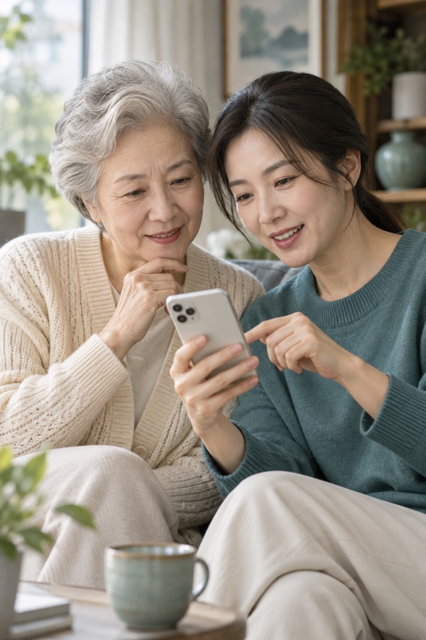 长者与家人一起查看手机上的商品信息